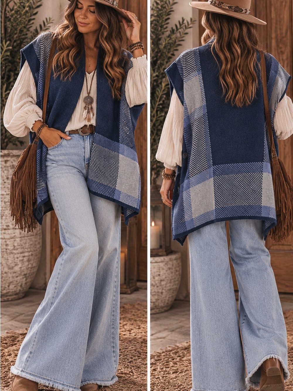 Spartina 449 Navy & Light Blue Plaid Open-Front Vest